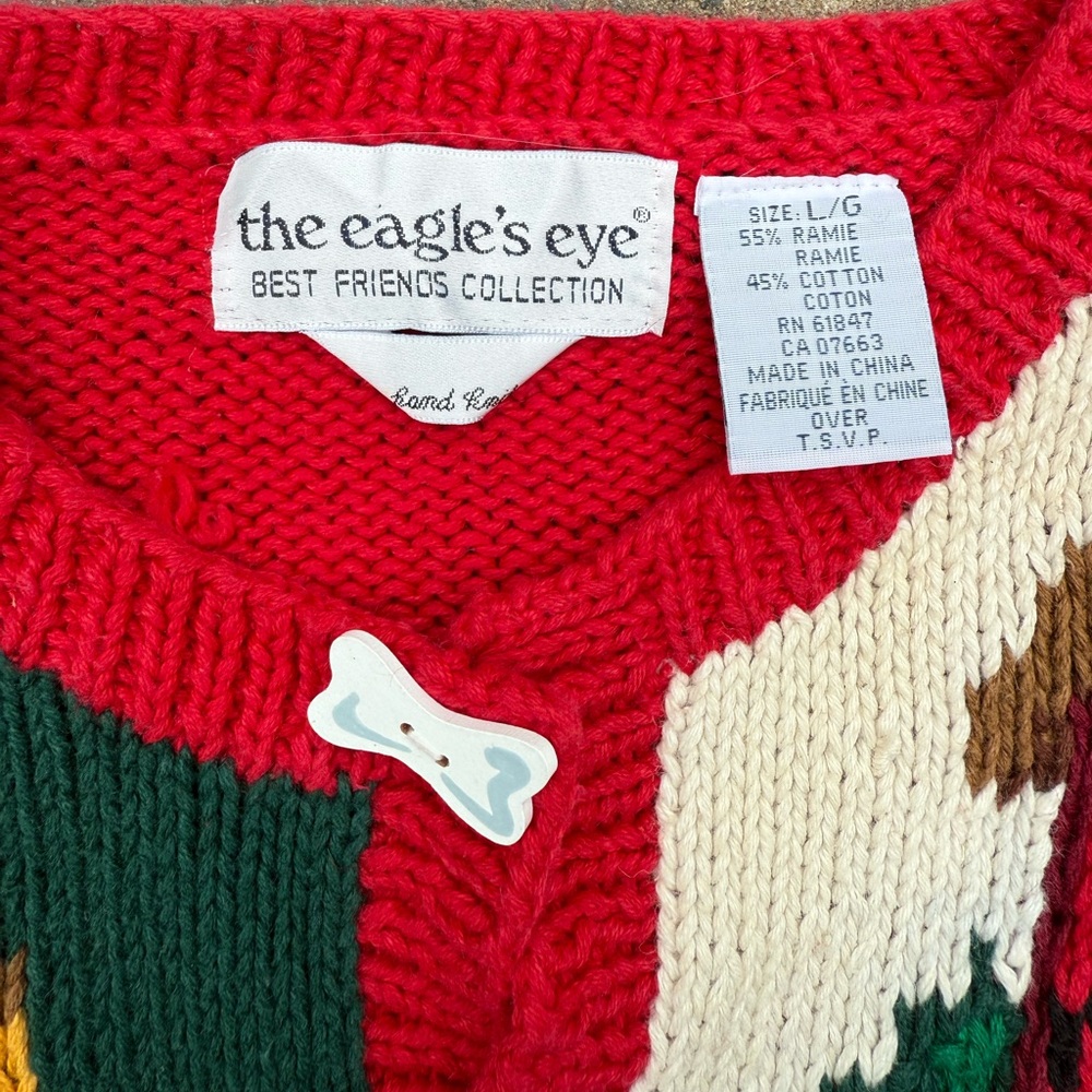 Vintage 90s Eagles Eye Dog Hand Knit Cardigan. Sweater Rare Size L Pets USA - Picture 3 of 11